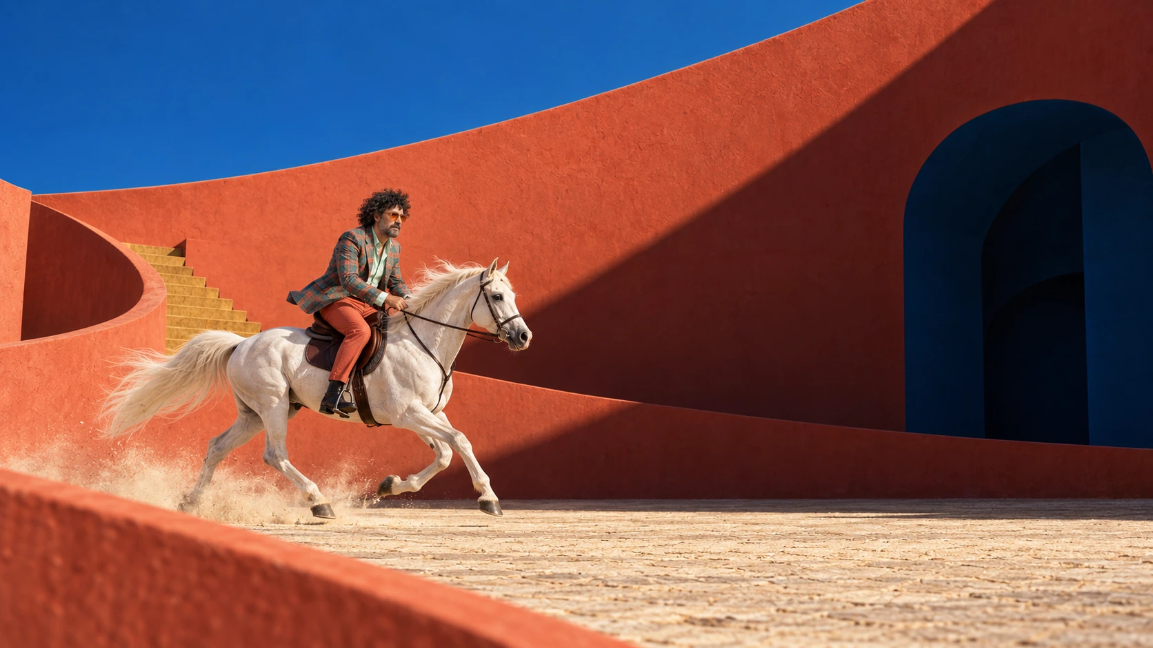 Match in kariertem Sakko auf einem weißen Araber vor korallroter Architektur